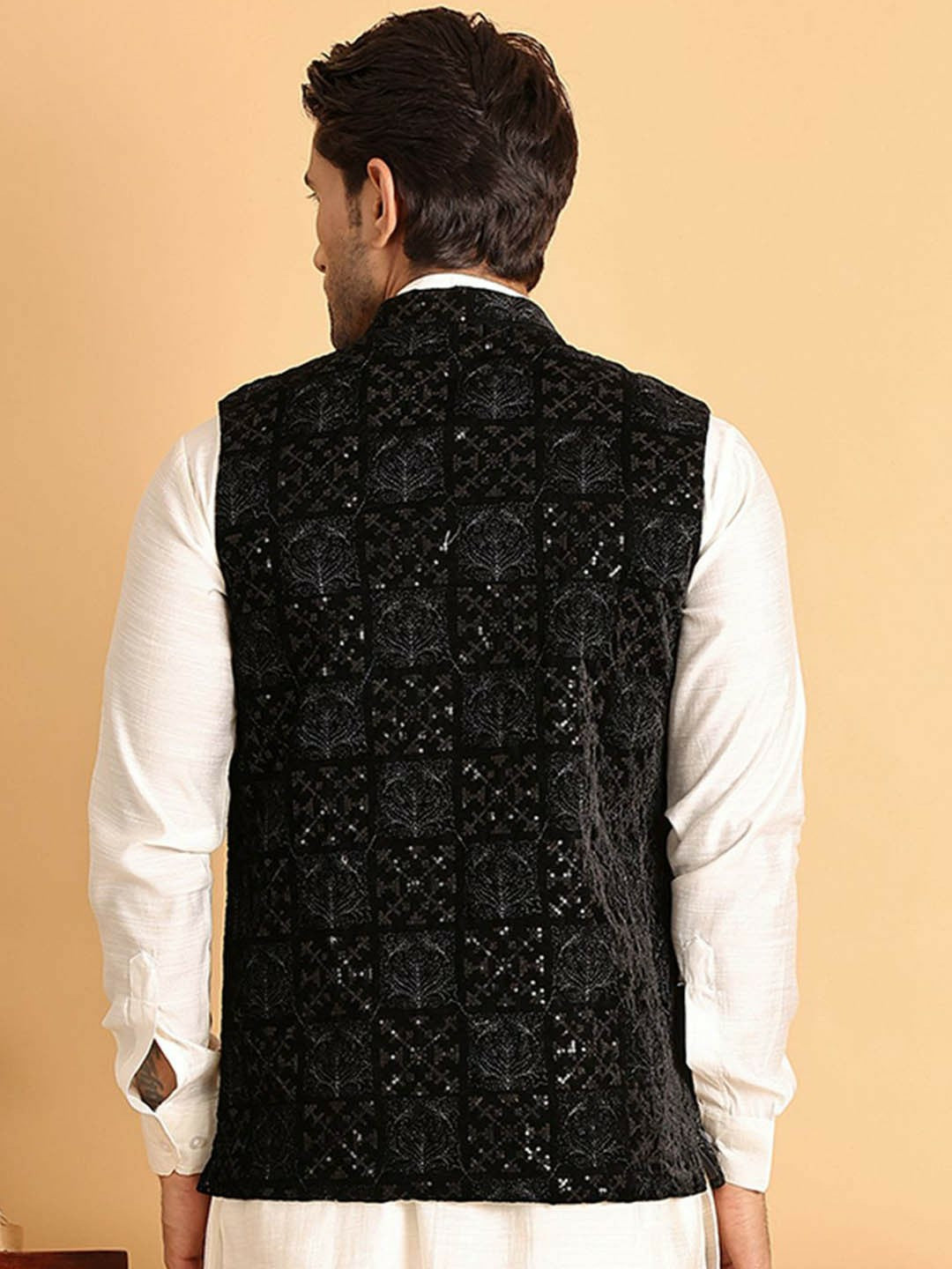 Men’s Black Embroidered Velvet Nehru Vest – Formal Ethnic Waistcoat