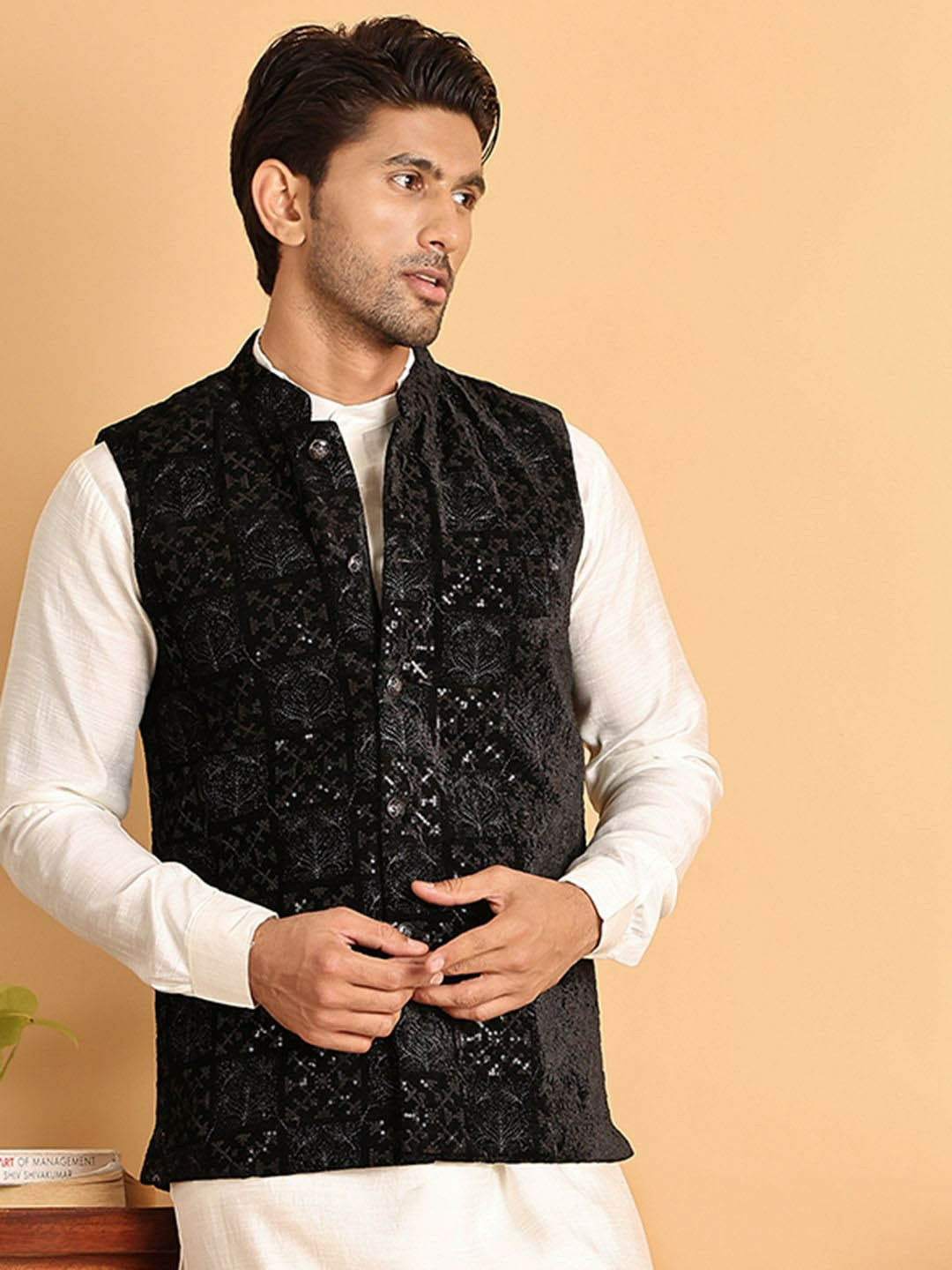 Men’s Black Embroidered Velvet Nehru Vest – Formal Ethnic Waistcoat