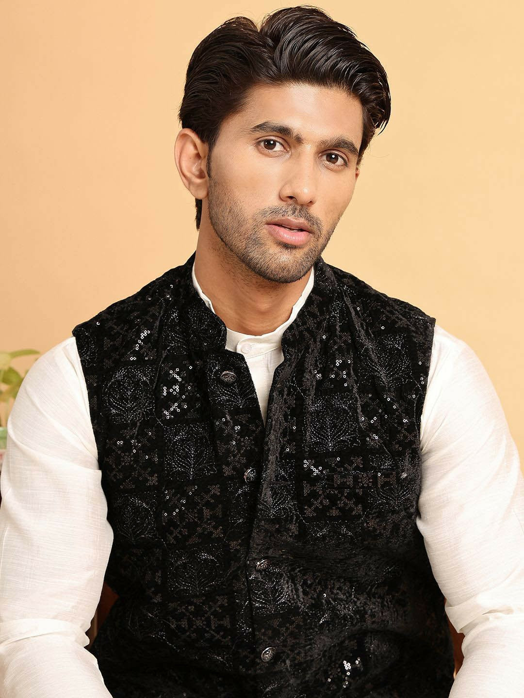 Men’s Black Embroidered Velvet Nehru Vest – Formal Ethnic Waistcoat