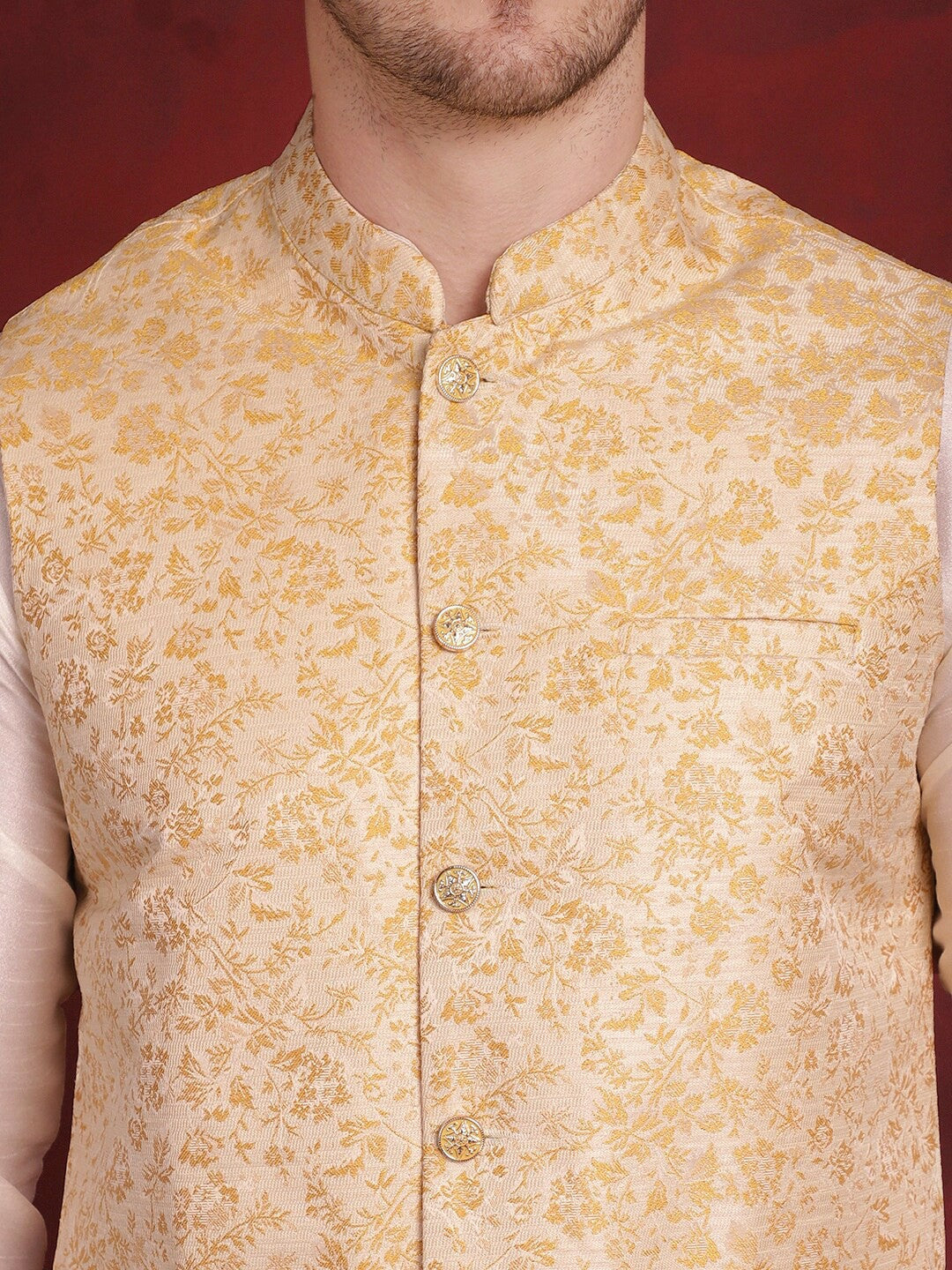 Men’s Gold Woven Nehru Jacket – Silk Blend Festive Sleeveless Vest