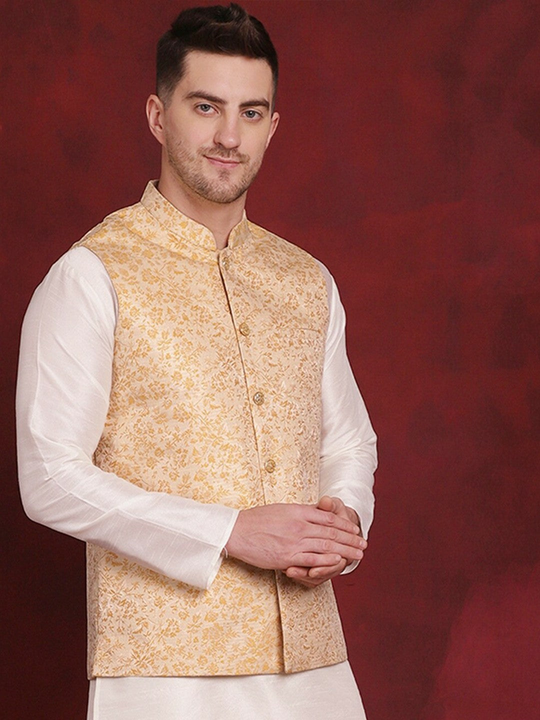 Men’s Gold Woven Nehru Jacket – Silk Blend Festive Sleeveless Vest