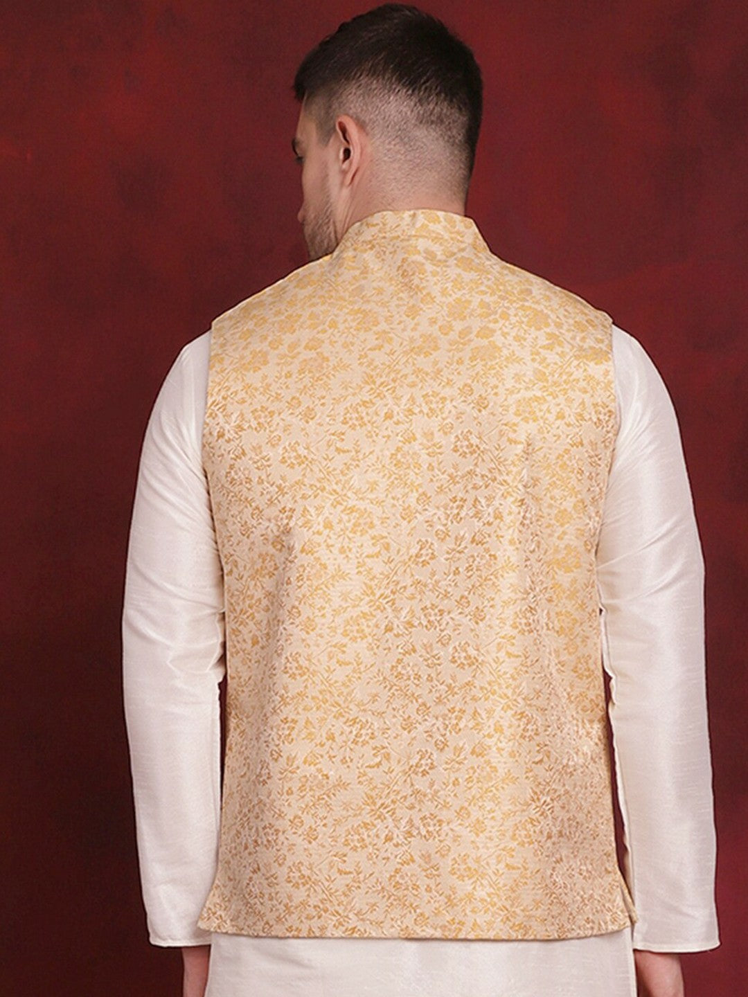 Men’s Gold Woven Nehru Jacket – Silk Blend Festive Sleeveless Vest