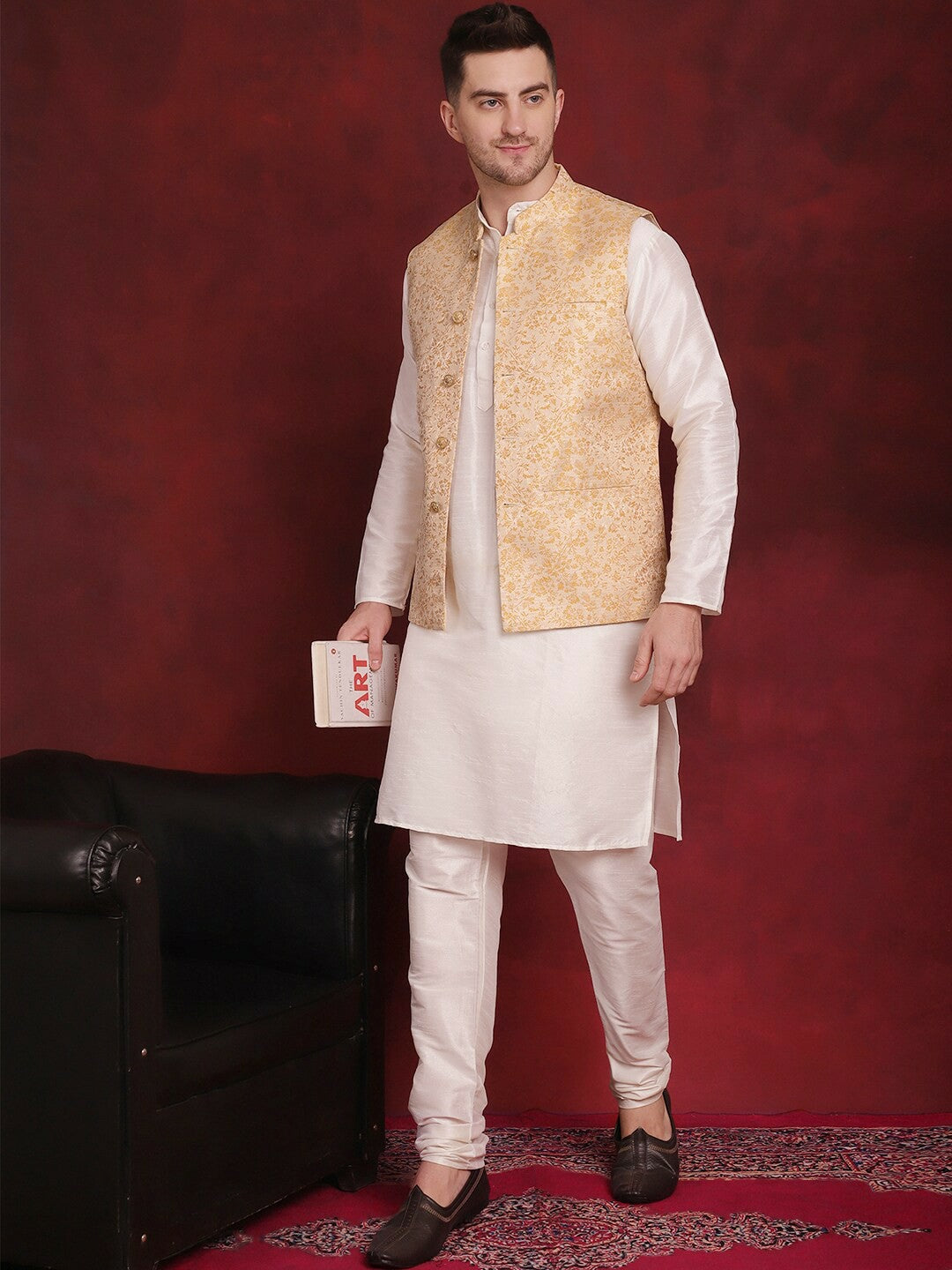 Men’s Gold Woven Nehru Jacket – Silk Blend Festive Sleeveless Vest