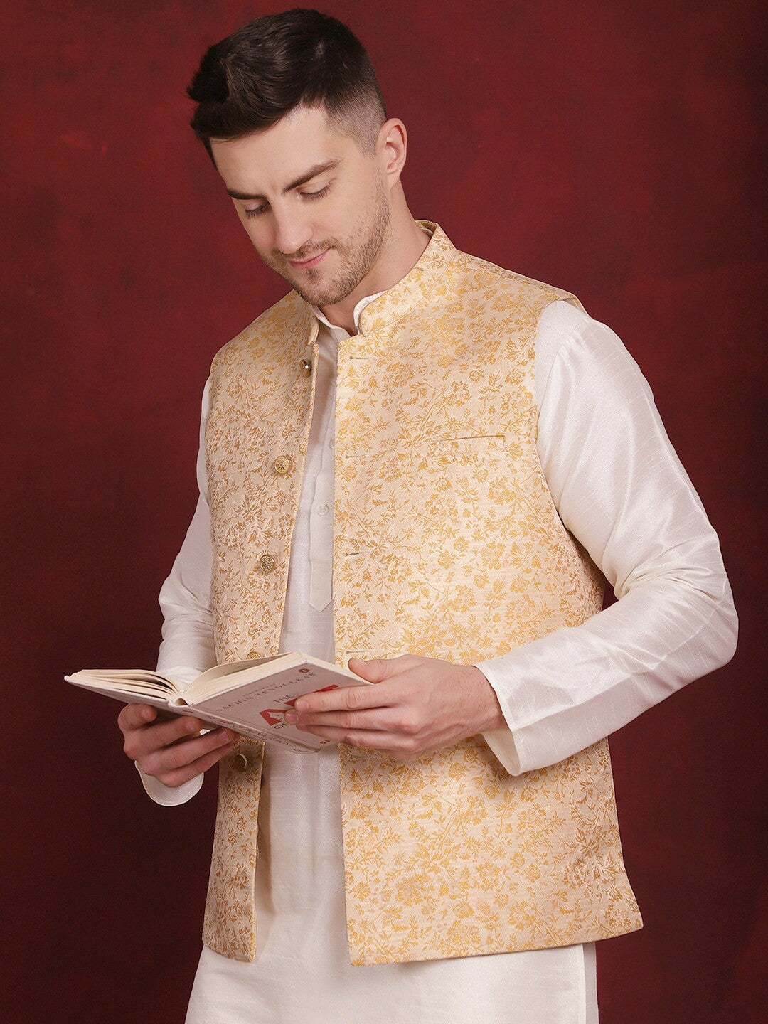 Men’s Gold Woven Nehru Jacket – Silk Blend Festive Sleeveless Vest