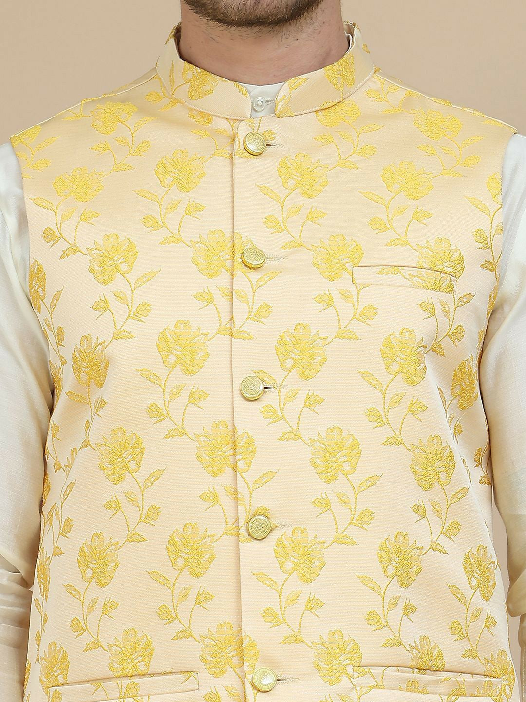 Yellow Embroidered Woven Satin Nehru Jacket for Men | indiaista