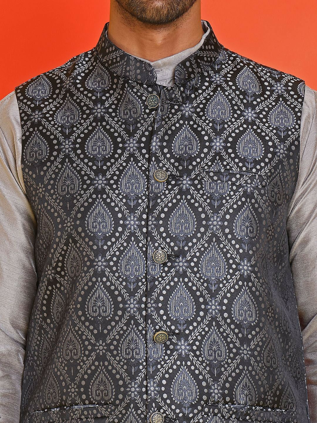 Men’s Black Woven Nehru Jacket – Classic Silk Blend Ethnic Vest
