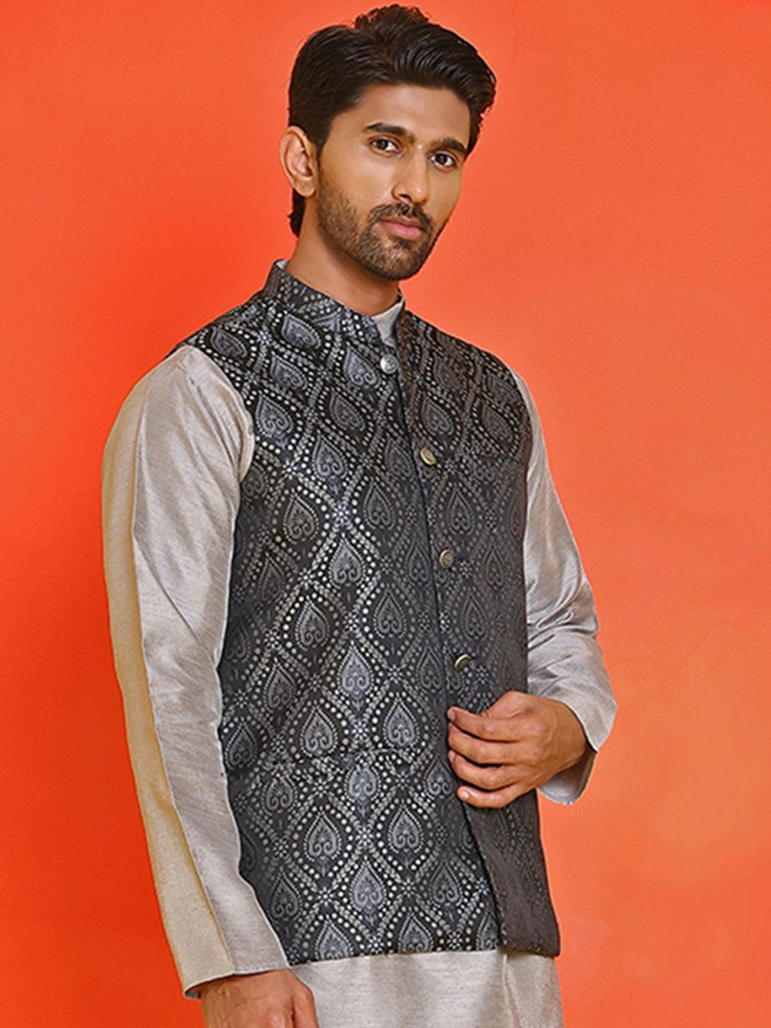 Men’s Black Woven Nehru Jacket – Classic Silk Blend Ethnic Vest