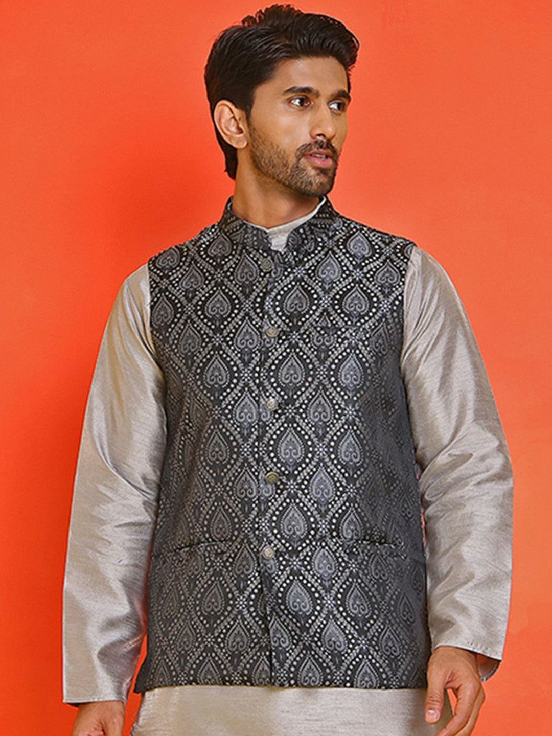 Men’s Black Woven Nehru Jacket – Classic Silk Blend Ethnic Vest