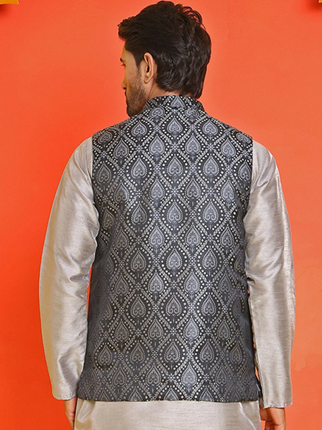 Men’s Black Woven Nehru Jacket – Classic Silk Blend Ethnic Vest