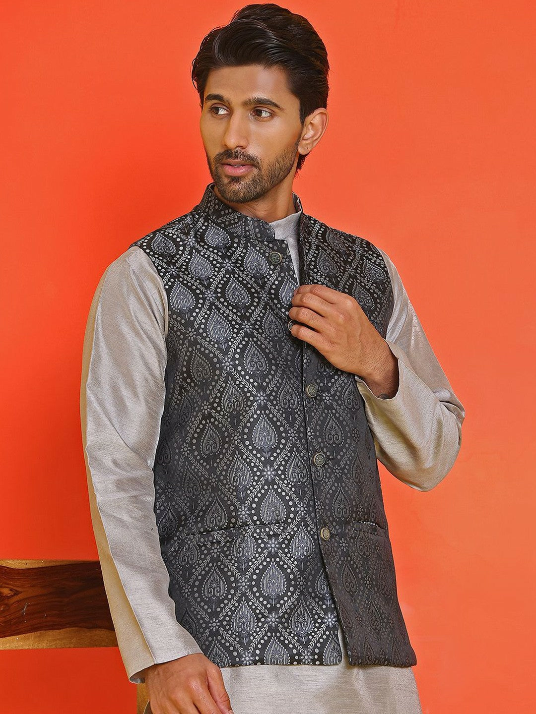 Men’s Black Woven Nehru Jacket – Classic Silk Blend Ethnic Vest