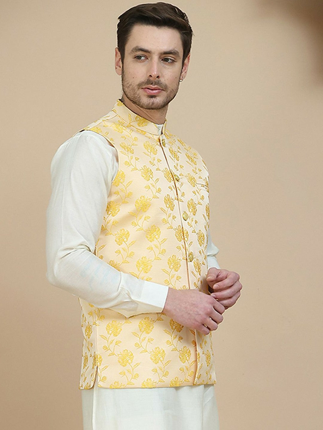 Yellow Embroidered Woven Satin Nehru Jacket for Men | indiaista
