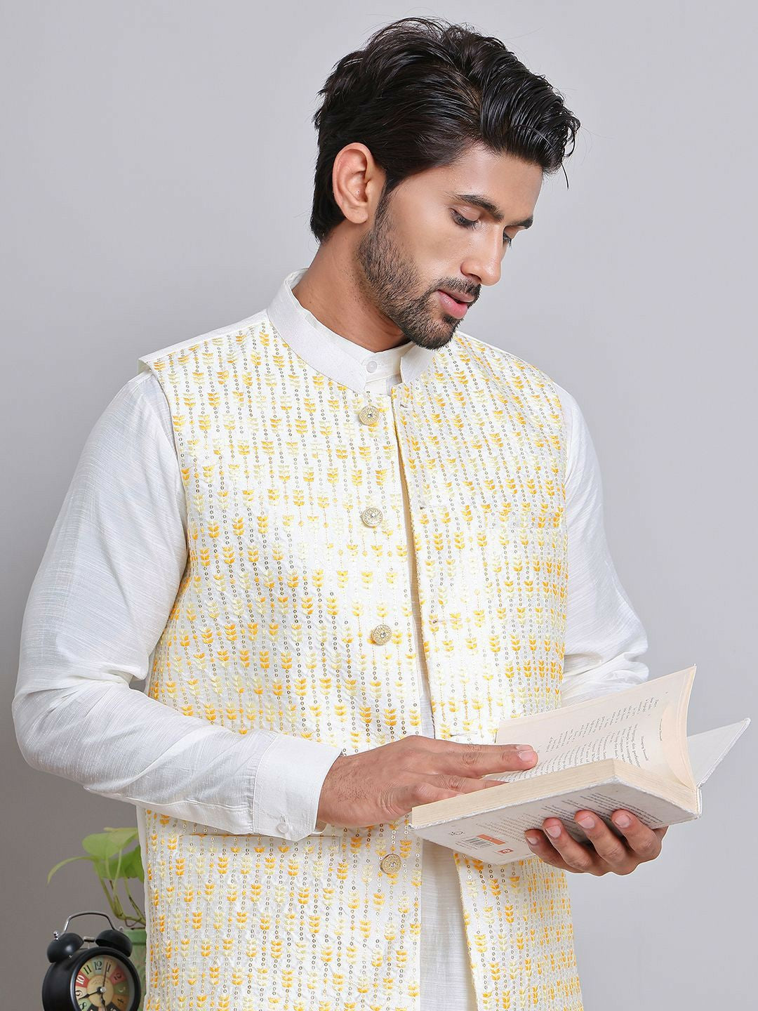 Men’s White & Yellow Embroidered Nehru Jacket – Silk Cotton Vest