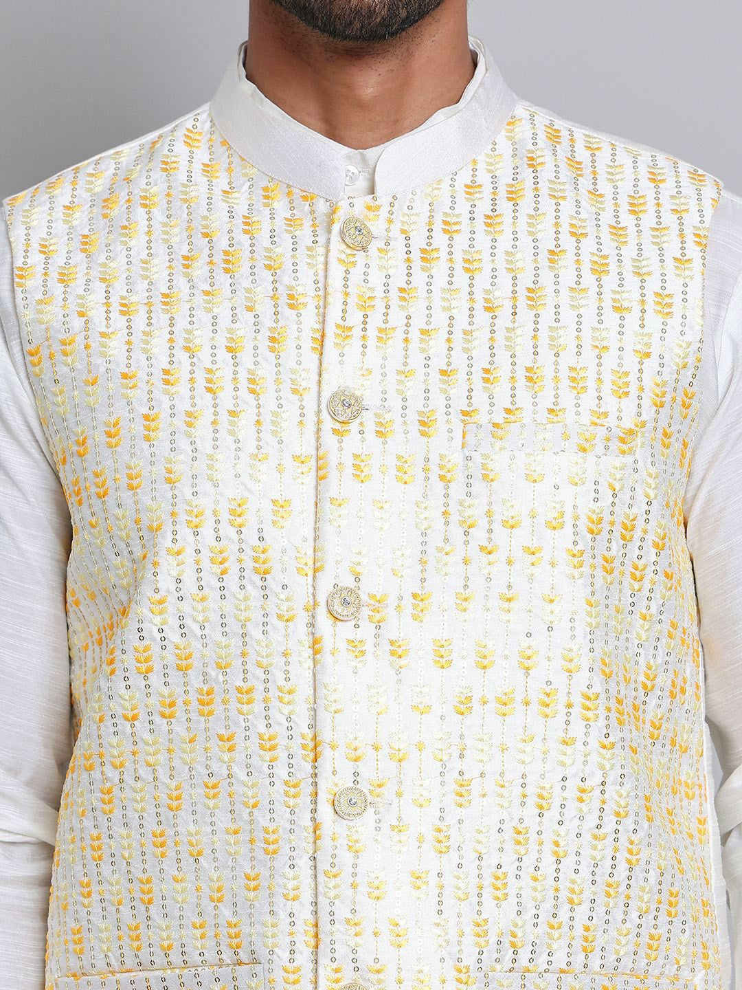 Men’s White & Yellow Embroidered Nehru Jacket – Silk Cotton Vest