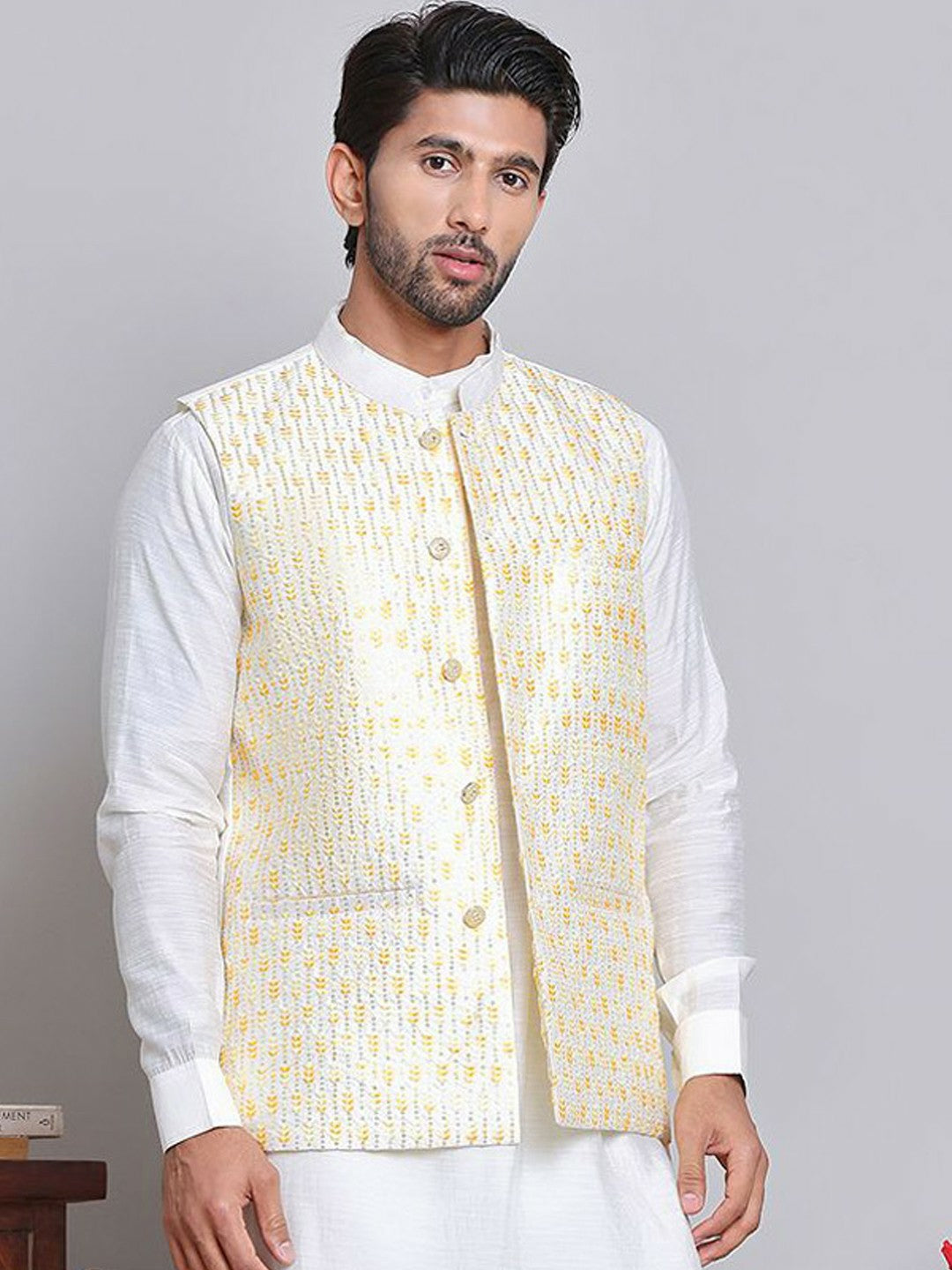 Men’s White & Yellow Embroidered Nehru Jacket – Silk Cotton Vest
