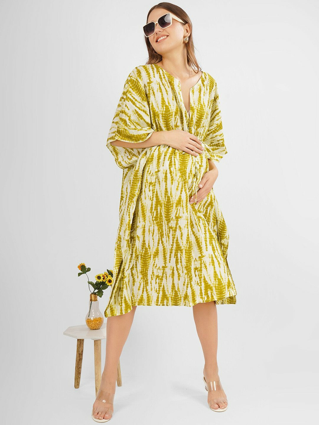 Olive Green Tie-Dye Maternity Kaftan Dress Cotton V-Neck Knee-Length Indiaista.com Olive Green Tie-Dye Maternity Kaftan Dress Cotton V-Neck Knee-Length Indiaista.com