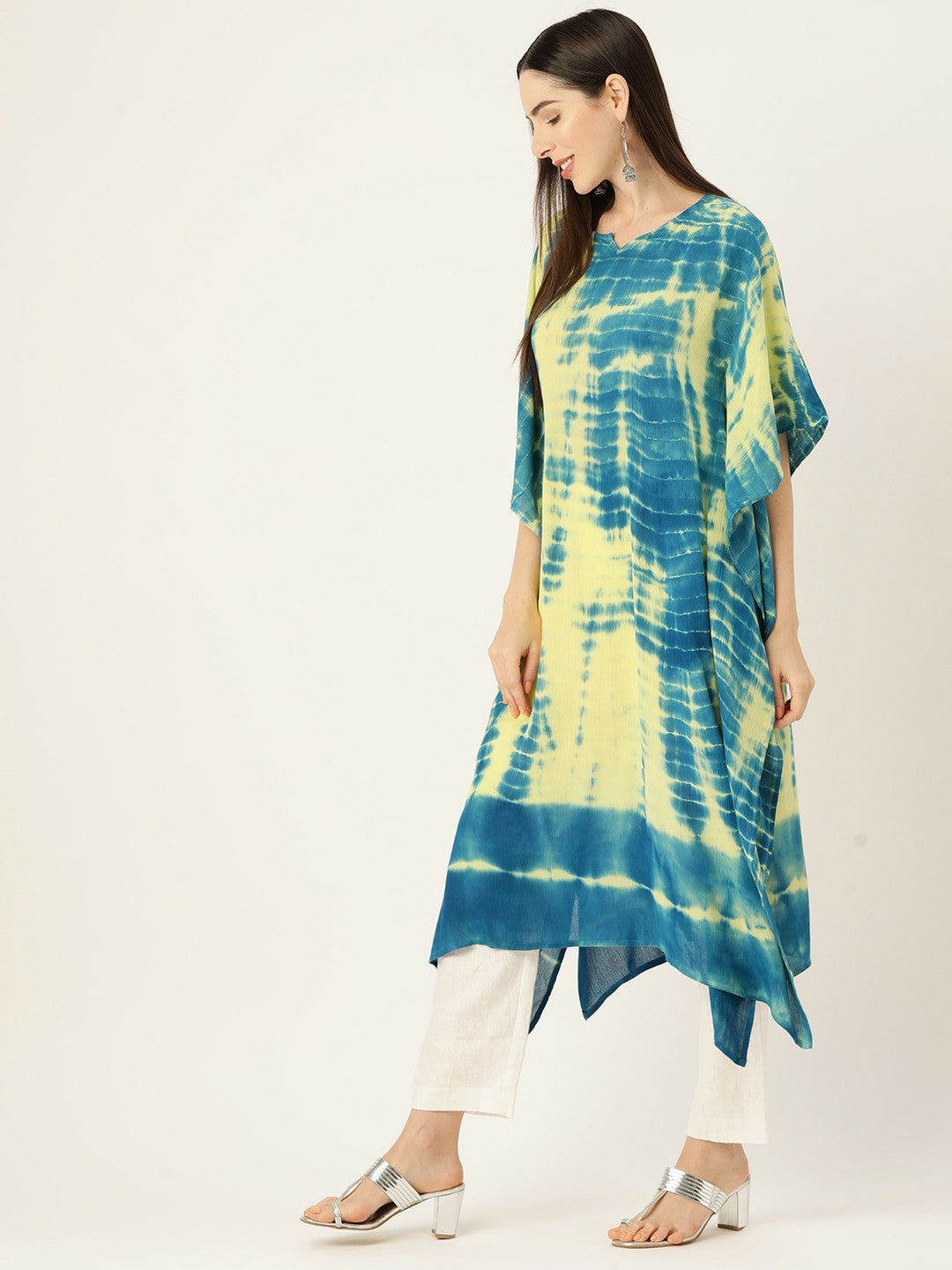 Blue & Green Abstract Dyed Kaftan Kurta for Women – Crepe Fabric, Flared Sleeves, Calf Length | Indiaista