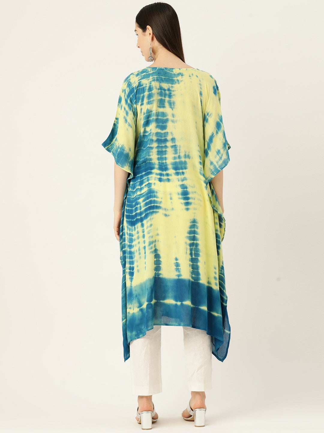 Blue & Green Abstract Dyed Kaftan Kurta for Women – Crepe Fabric, Flared Sleeves, Calf Length | Indiaista