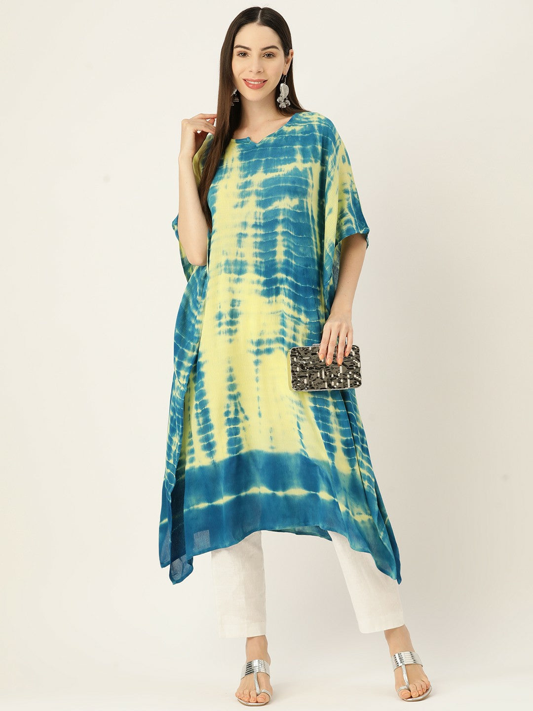 Blue & Green Abstract Dyed Kaftan Kurta for Women – Crepe Fabric, Flared Sleeves, Calf Length | Indiaista