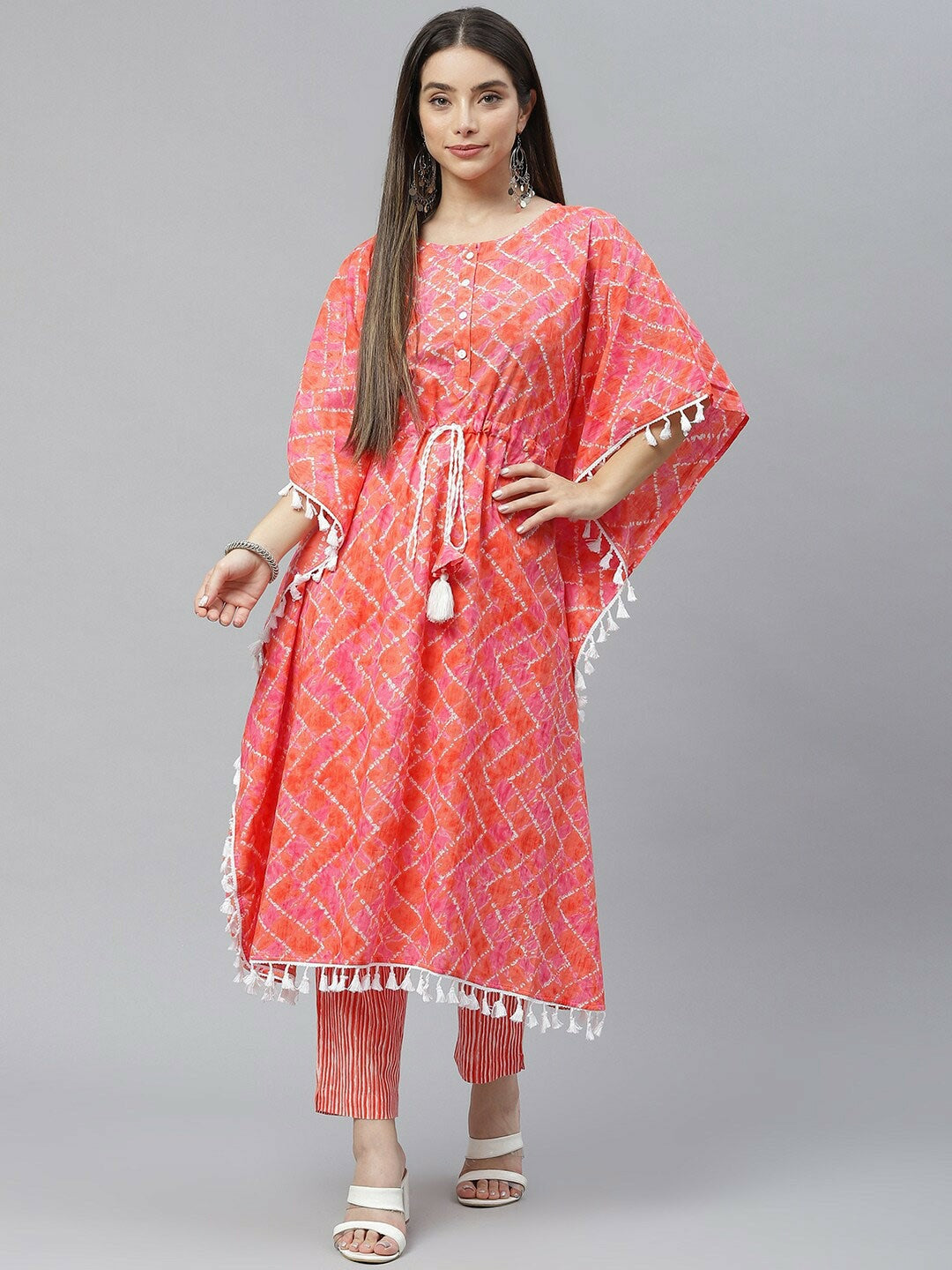 Peach Geometric Printed Cotton Kaftan for Women – Flared Sleeves, Calf Length | Indiaista