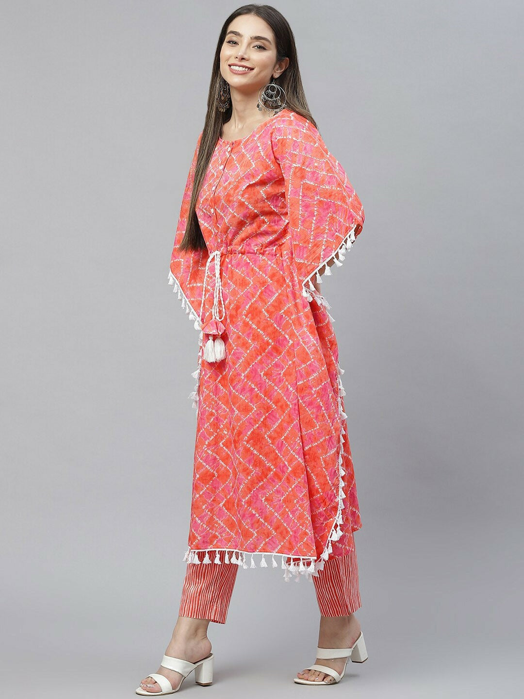 Peach Geometric Printed Cotton Kaftan for Women – Flared Sleeves, Calf Length | Indiaista