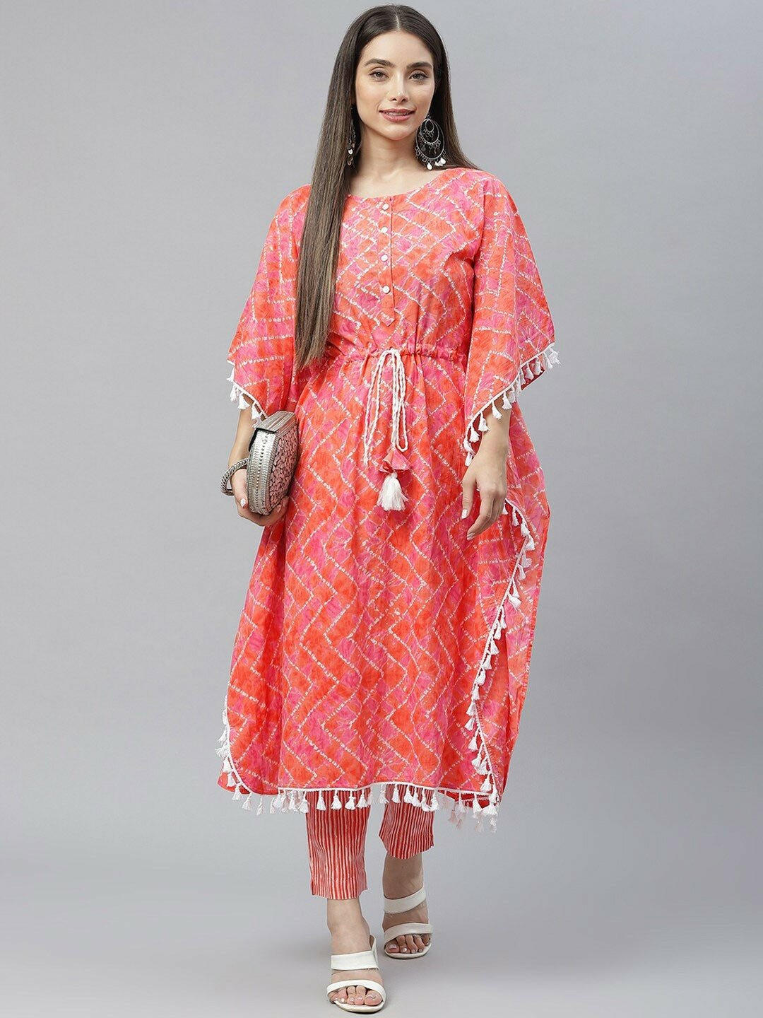 Peach Geometric Printed Cotton Kaftan for Women – Flared Sleeves, Calf Length | Indiaista