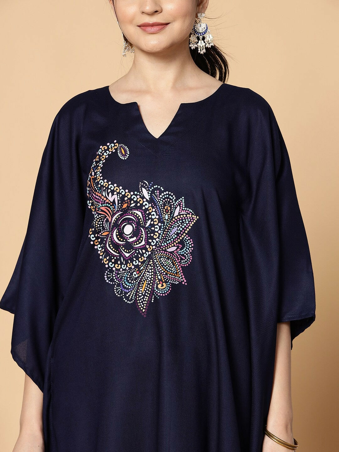 Navy Blue & White Paisley Printed Kaftan for Women – Viscose Rayon, Asymmetric Hem | Indiaista