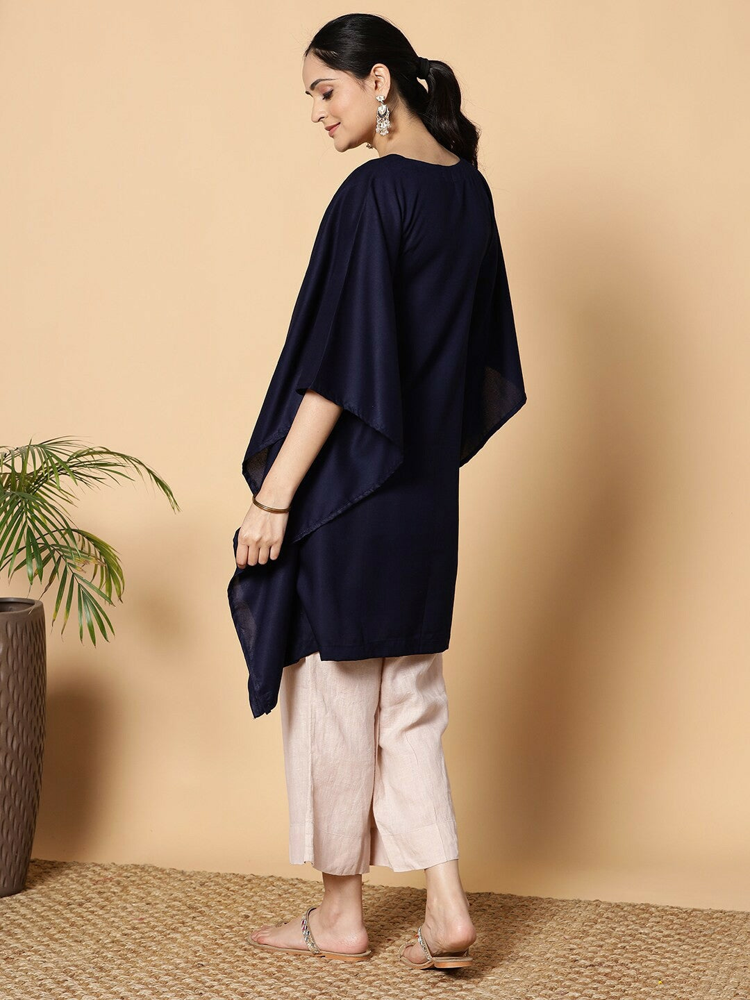 Navy Blue & White Paisley Printed Kaftan for Women – Viscose Rayon, Asymmetric Hem | Indiaista