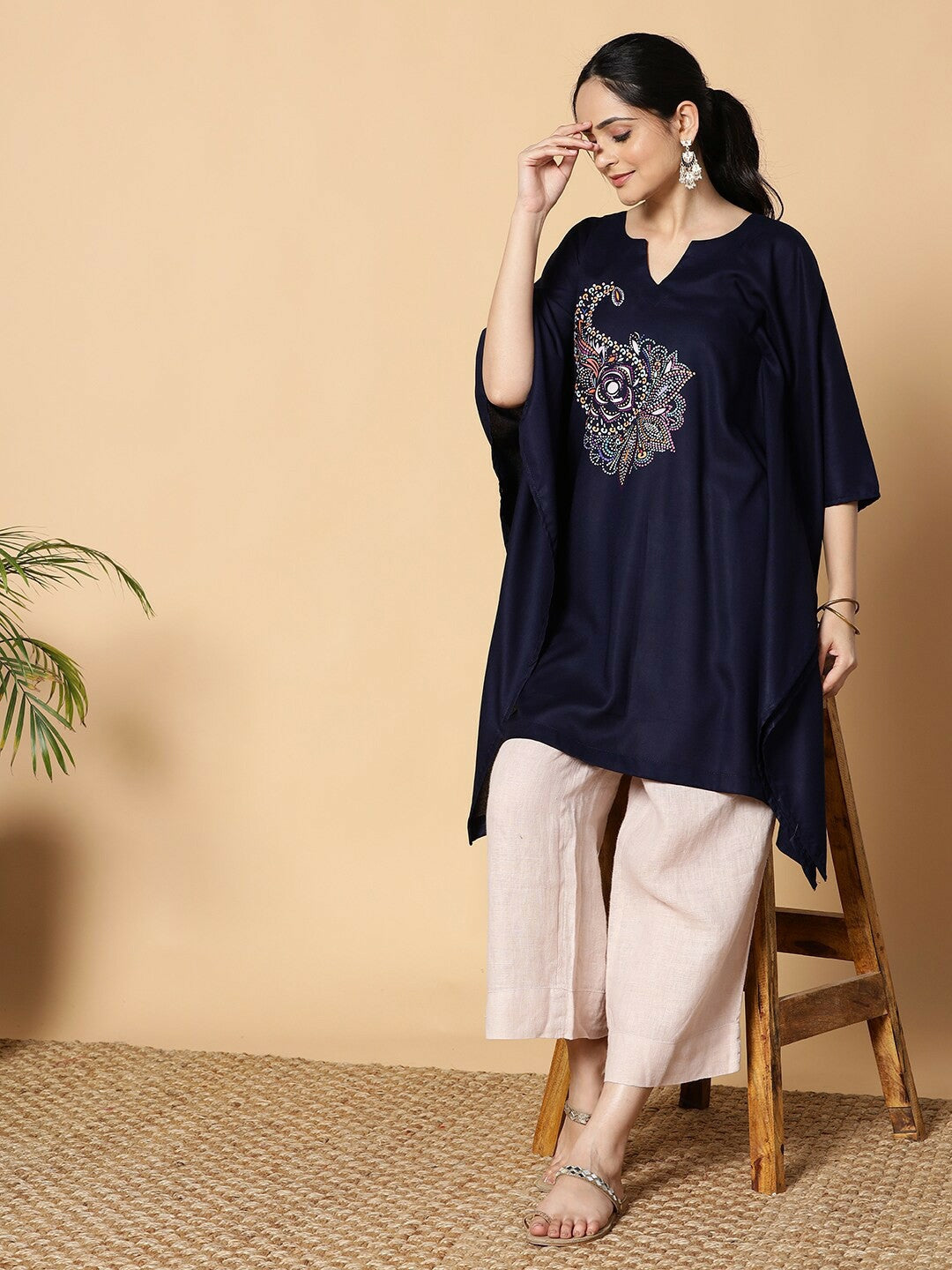 Navy Blue & White Paisley Printed Kaftan for Women – Viscose Rayon, Asymmetric Hem | Indiaista