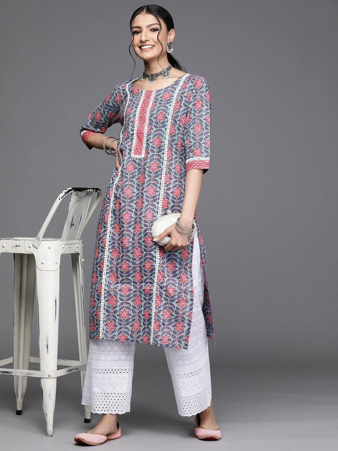 Women Blue & Pink Floral Print Cotton Kurta - Stylish Straight Fit | Indiaista