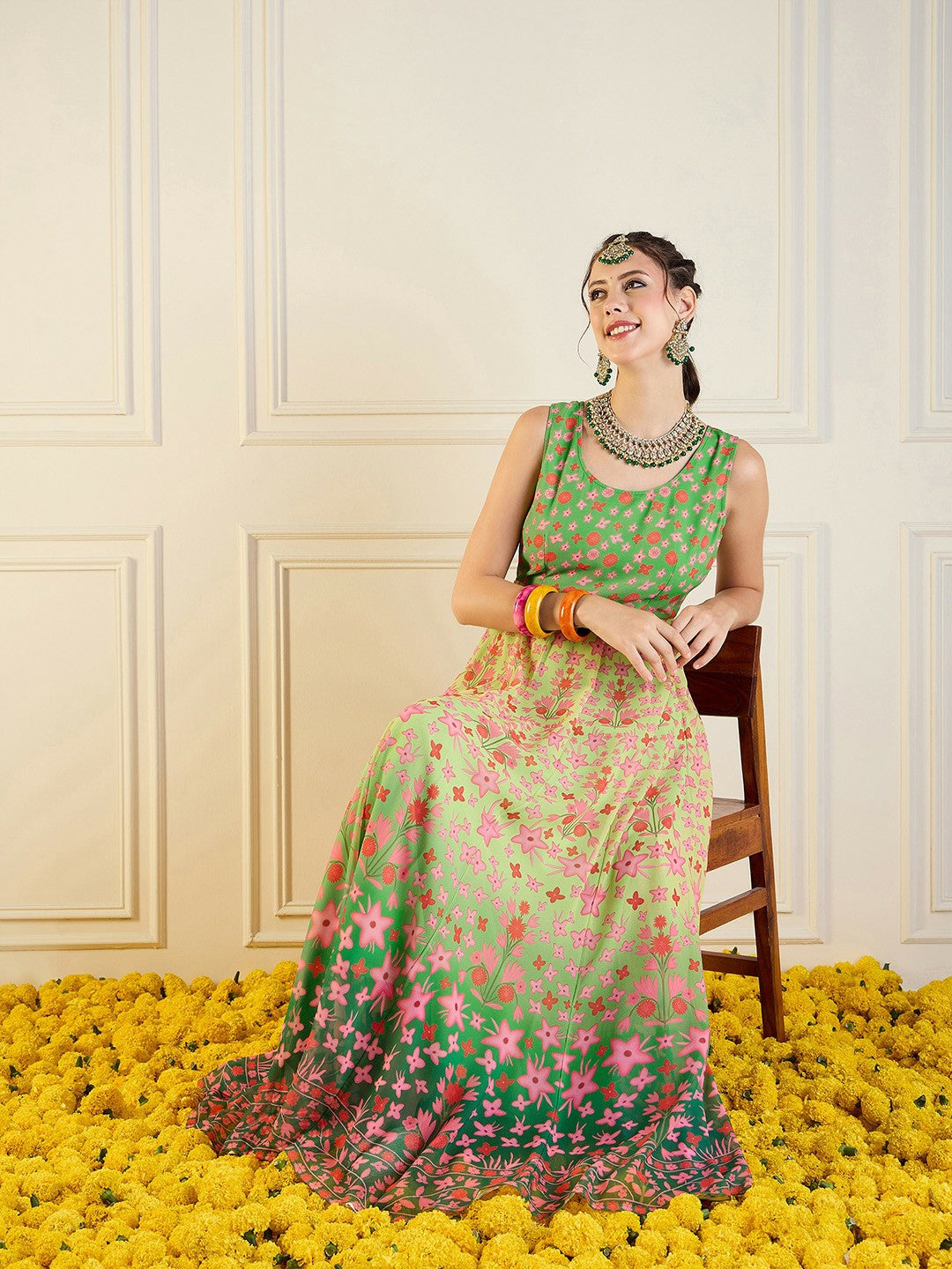Green Floral Printed Anarkali Kurta for Women – Bollywood Eid Pakistani Indian Ethnic Wear | Indiaista