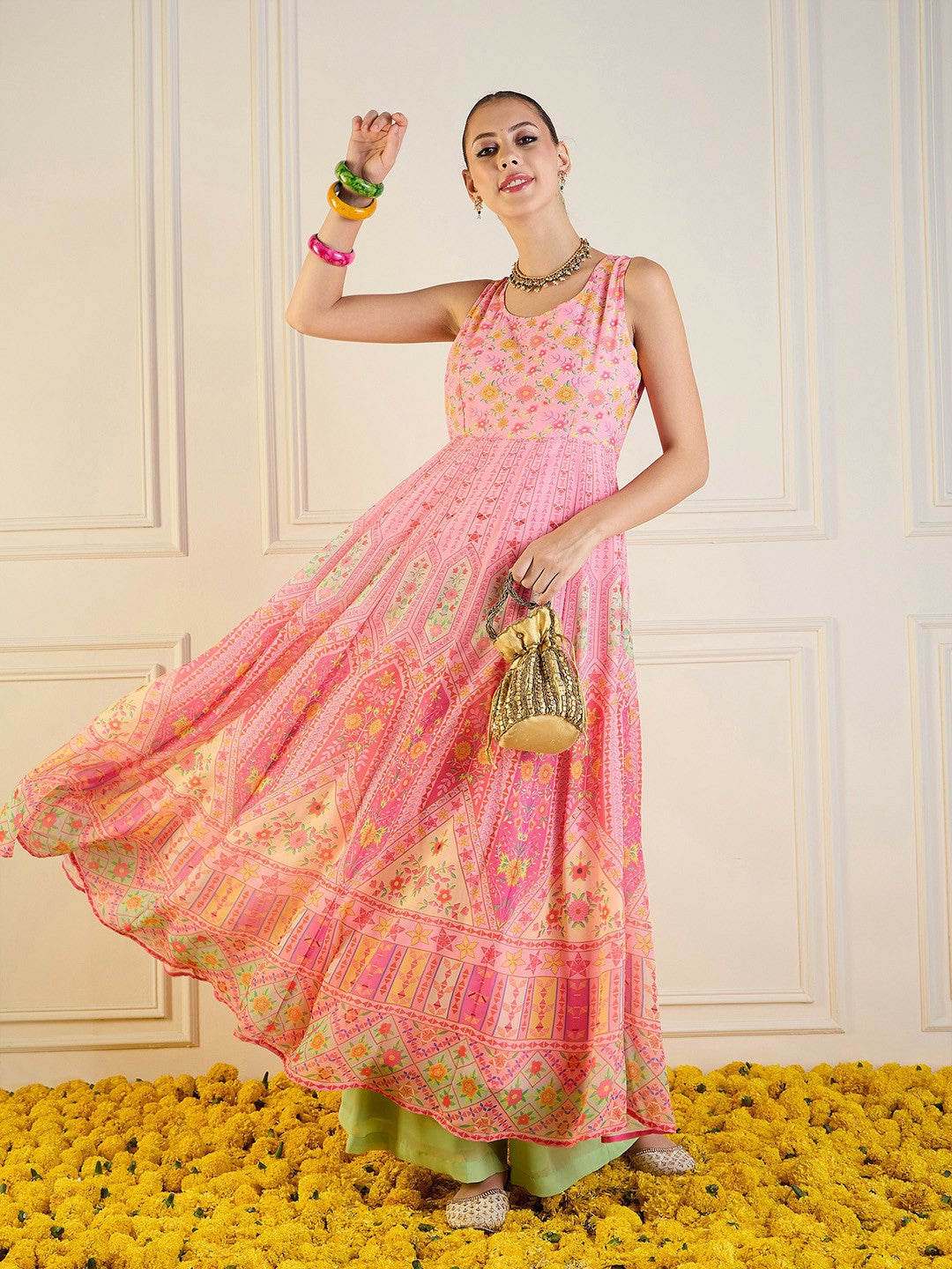 Pink Floral Printed Anarkali Kurta for Women – Bollywood Eid Indian Pakistani Ethnic Wear | Indiaista