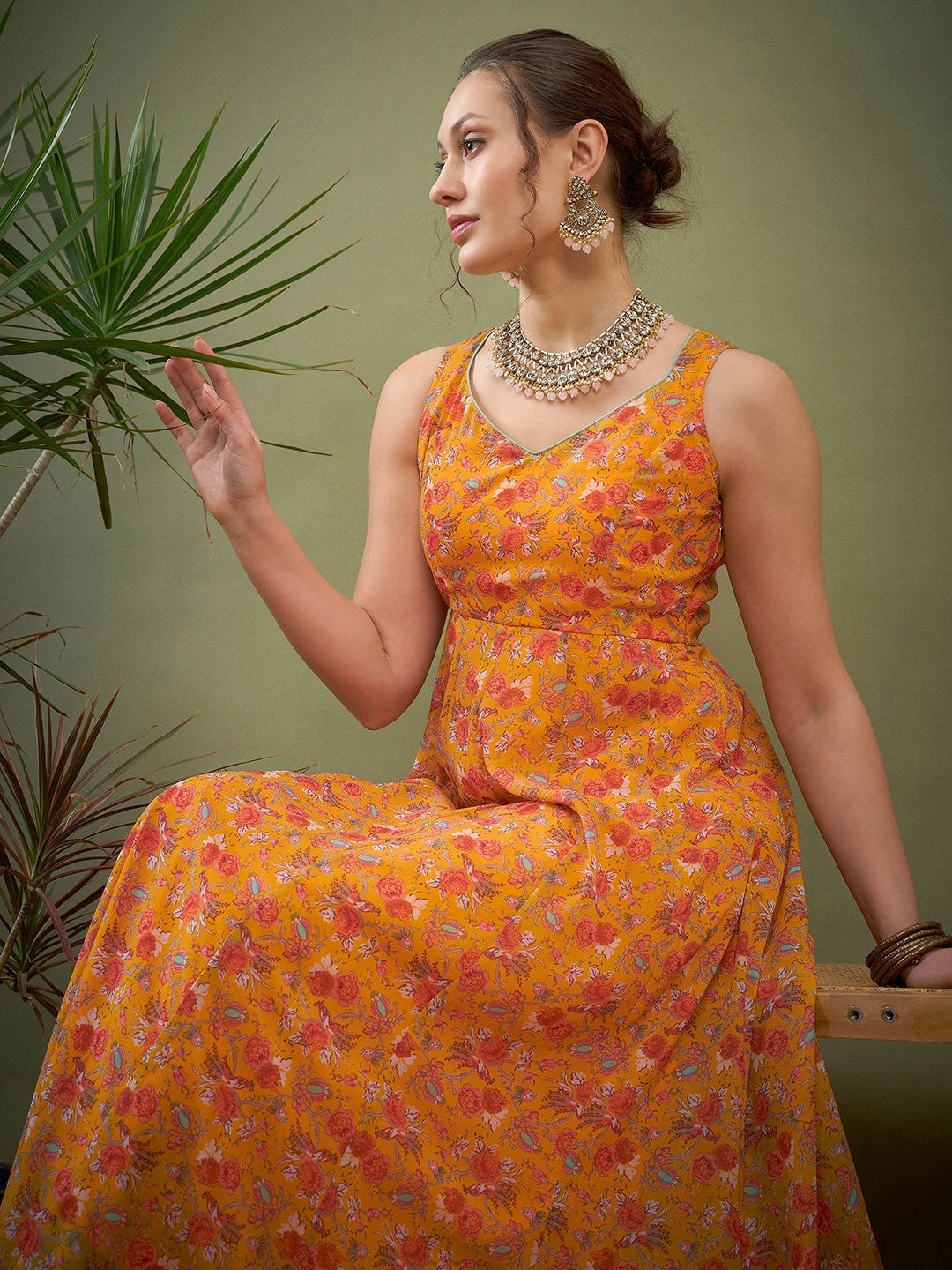 Yellow Ethnic Motifs Printed Georgette Kurta for Women | Sleeveless Ankle-Length A-Line Kurta with Zari Detail - Indiaista