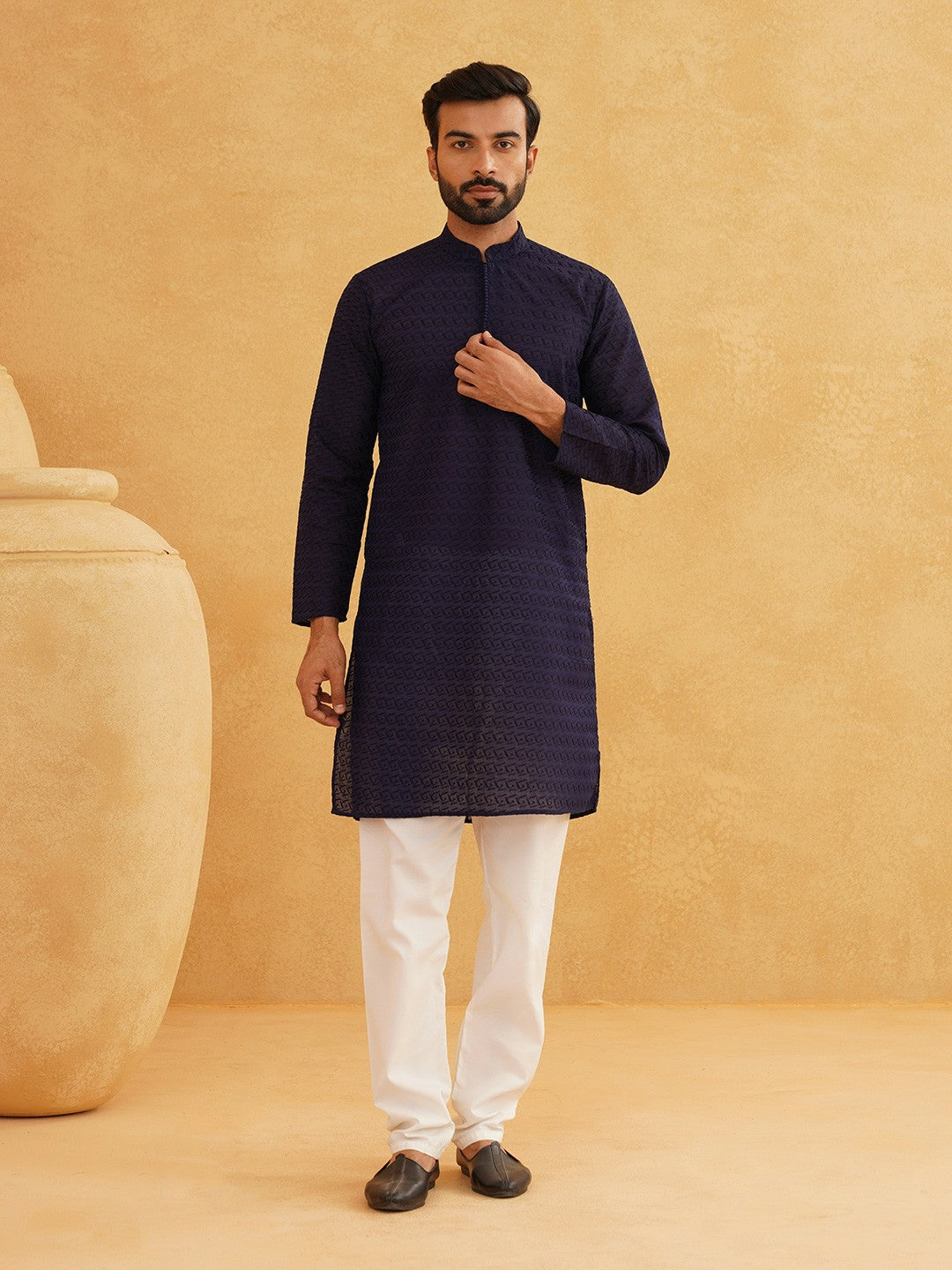 Men’s Navy Blue Woven Design Kurta – Mandarin Collar, Cotton, Knee-Length | Indiaista