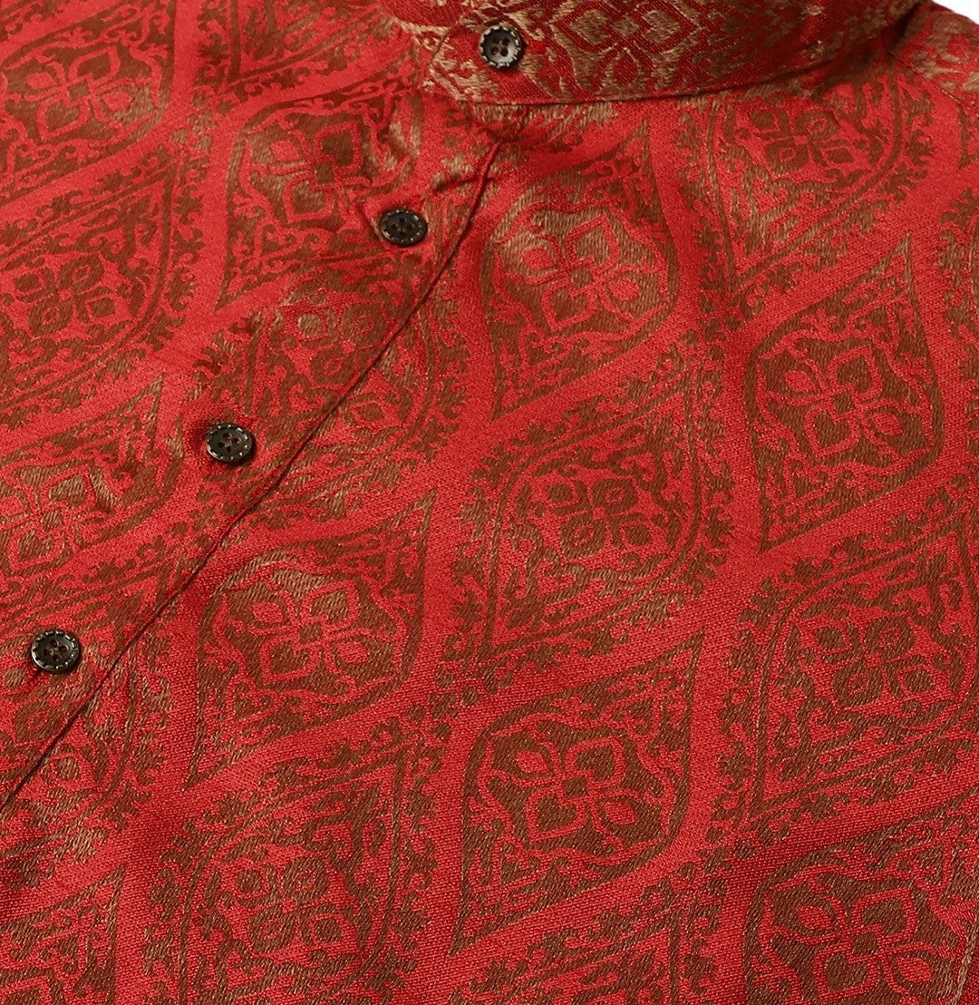 Men's Red & Golden Jacquard Silk Kurta – Ethnic Motifs, Mandarin Collar, Knee Length | Indiaista