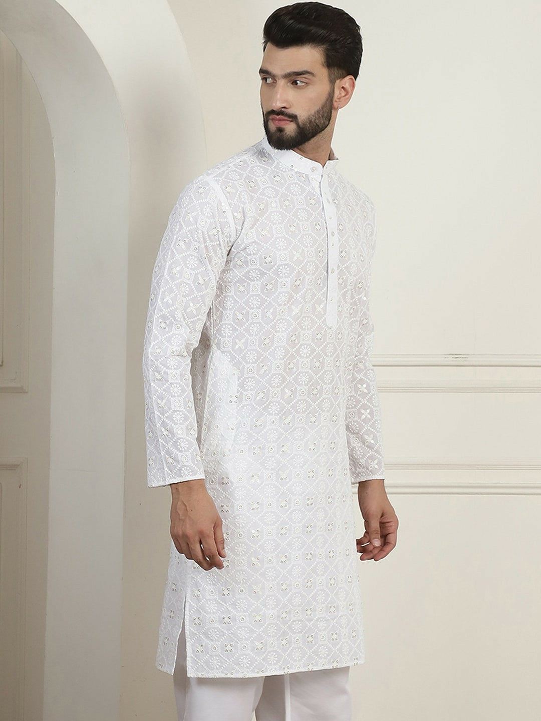 Men's White Ethnic Motifs Embroidered Kurta with Mandarin Collar & Sequins – Pure Cotton, Knee-Length | Indiaista