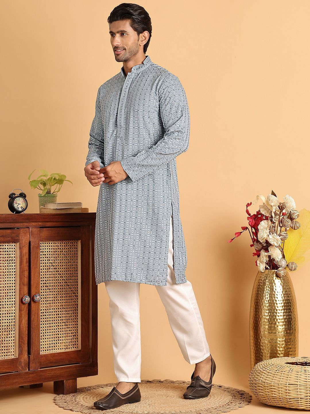 Men's Grey Embroidered Chikankari Kurta Set with Pyjamas - Regular Fit, Geometric Design, Mandarin Collar