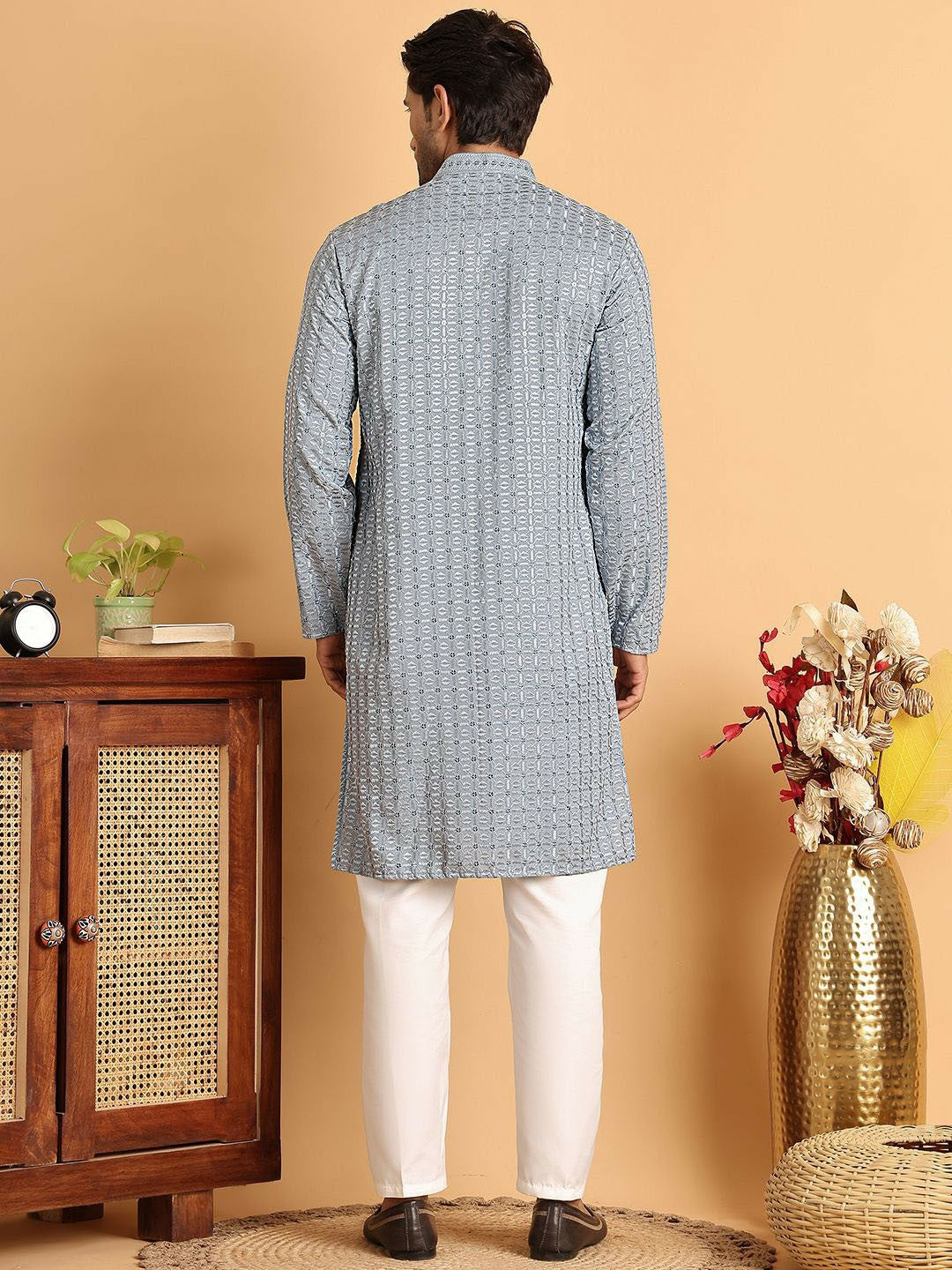 Men's Grey Embroidered Chikankari Kurta Set with Pyjamas - Regular Fit, Geometric Design, Mandarin Collar