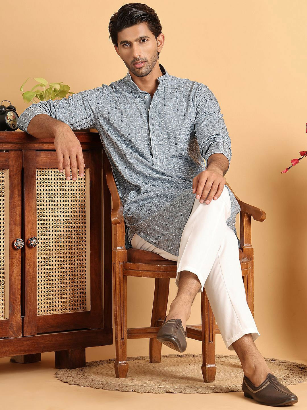 Men's Grey Embroidered Chikankari Kurta Set with Pyjamas - Regular Fit, Geometric Design, Mandarin Collar