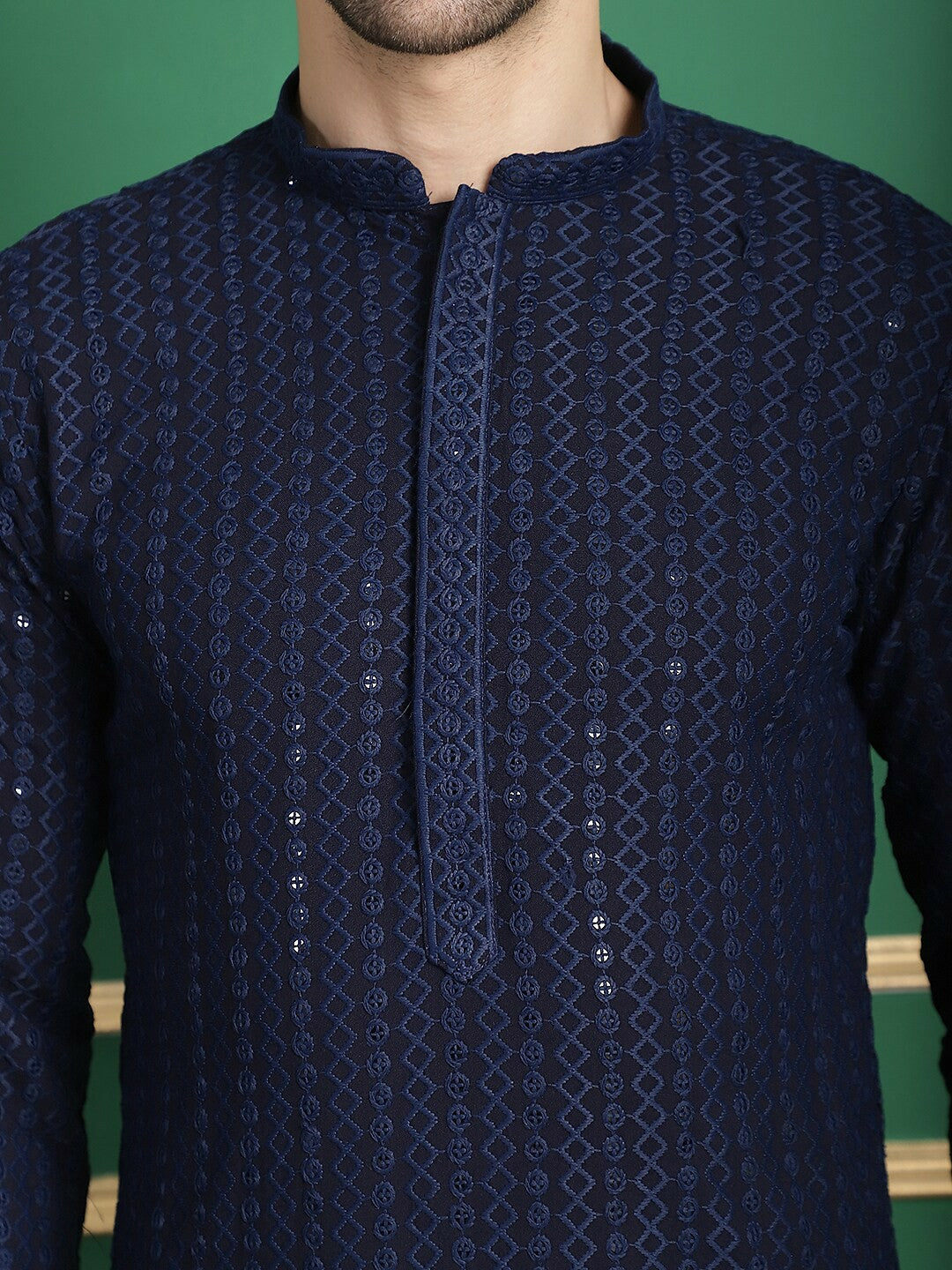 Buy Navy Blue Geometric Embroidered Sequinned Kurta with Pyjamas Online | Indiaista