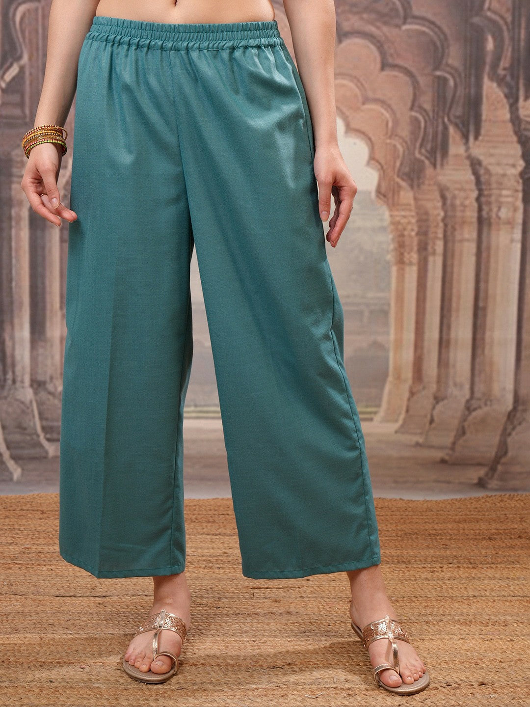 Buy Women Turquoise Blue Embroidered Straight Kurta Set with Palazzo & Dupatta | Indiaista