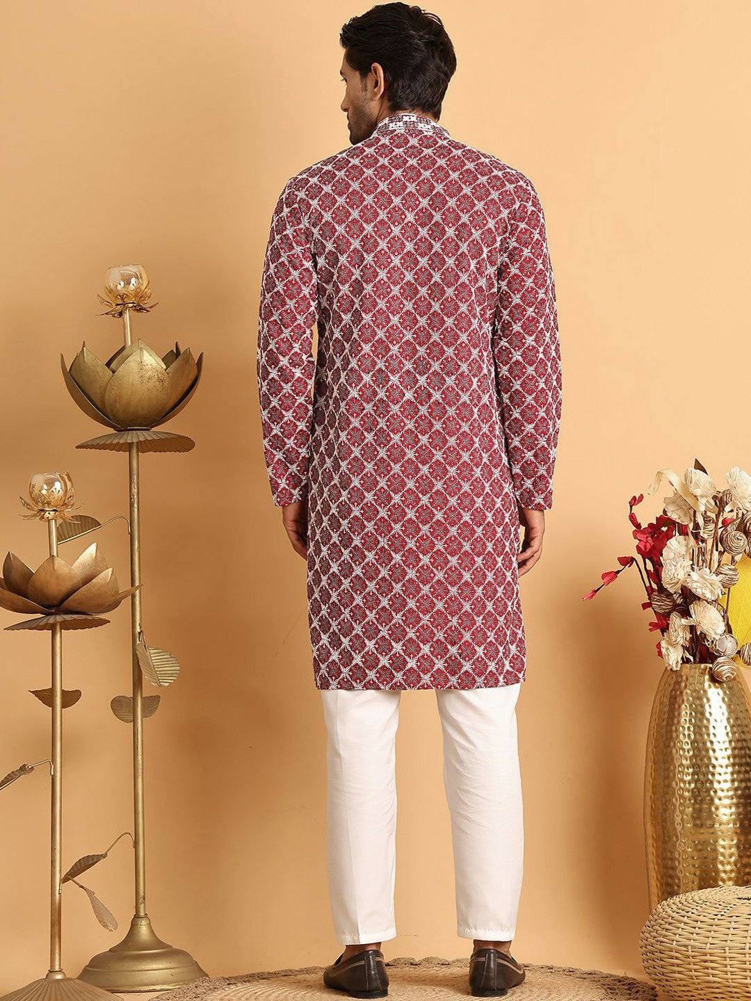 Buy Men’s Floral Embroidered Kurta Set with Pyjamas – Maroon | Indiaista