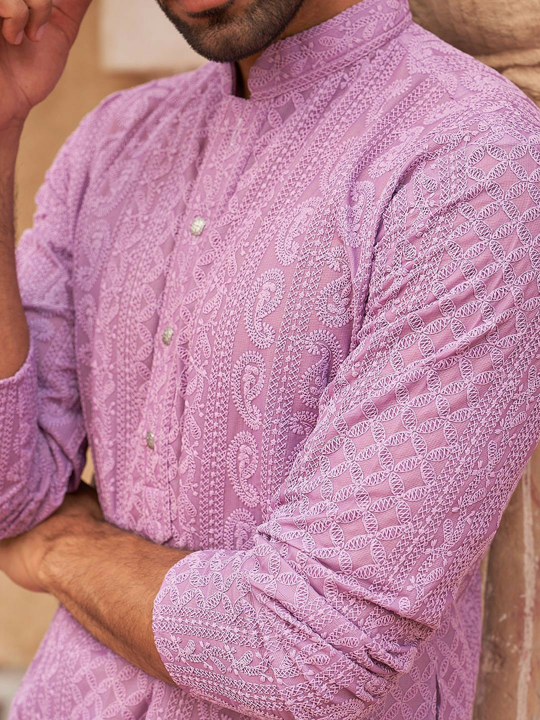 Paisley Chikankari Embroidered Georgette Kurta Set with Pyjamas – Festive Men’s Ethnic Wear