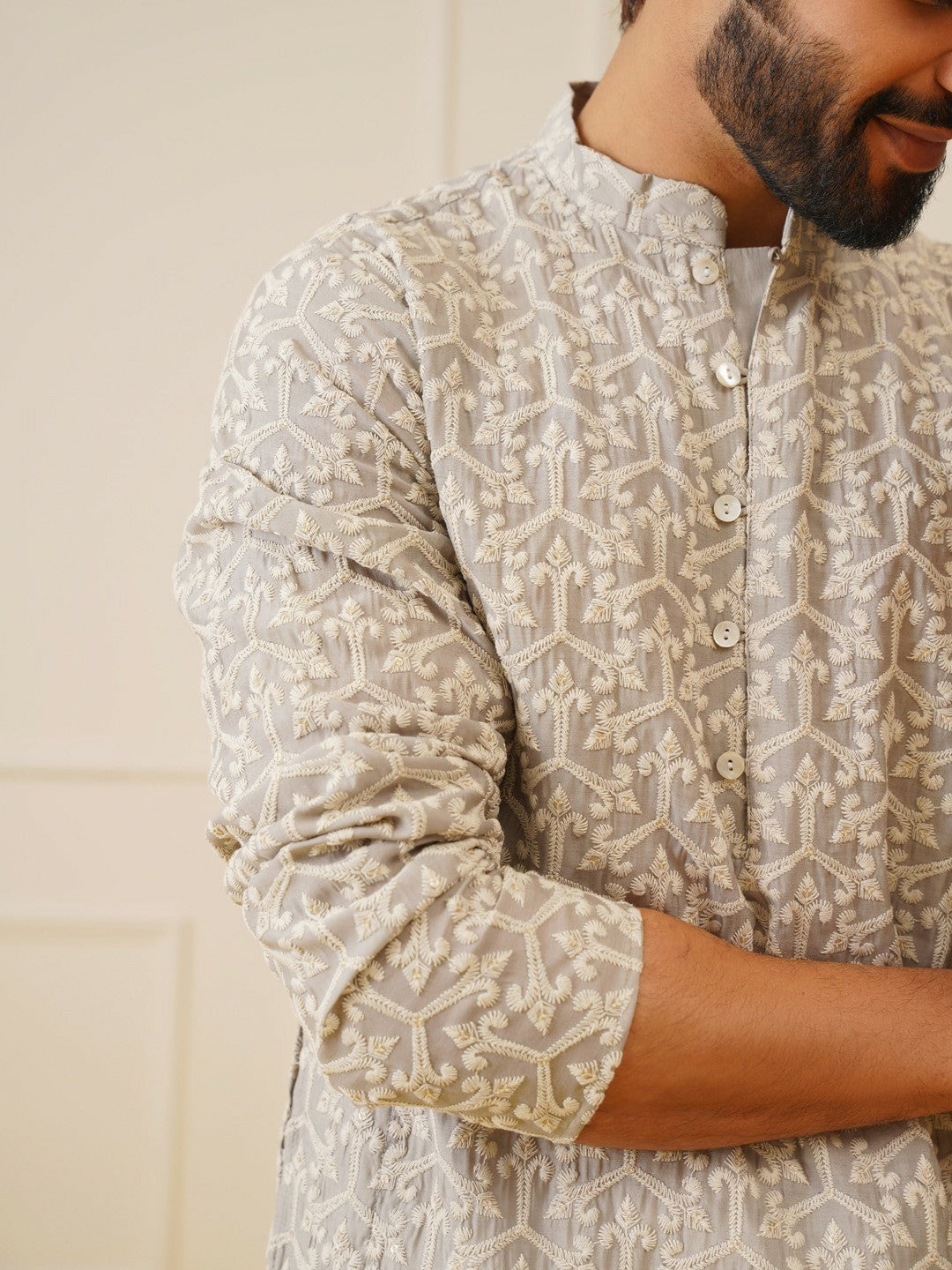 Men’s Ethnic Motifs Embroidered Chikankari Kurta with Pyjamas – Traditional Cotton Set