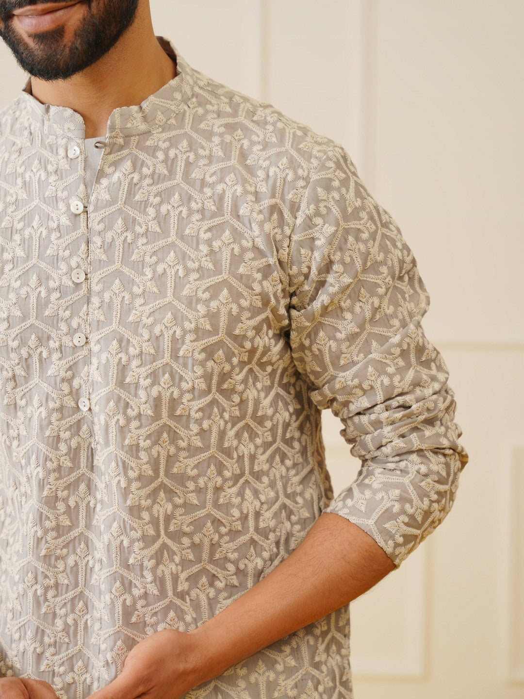 Men’s Ethnic Motifs Embroidered Chikankari Kurta with Pyjamas – Traditional Cotton Set