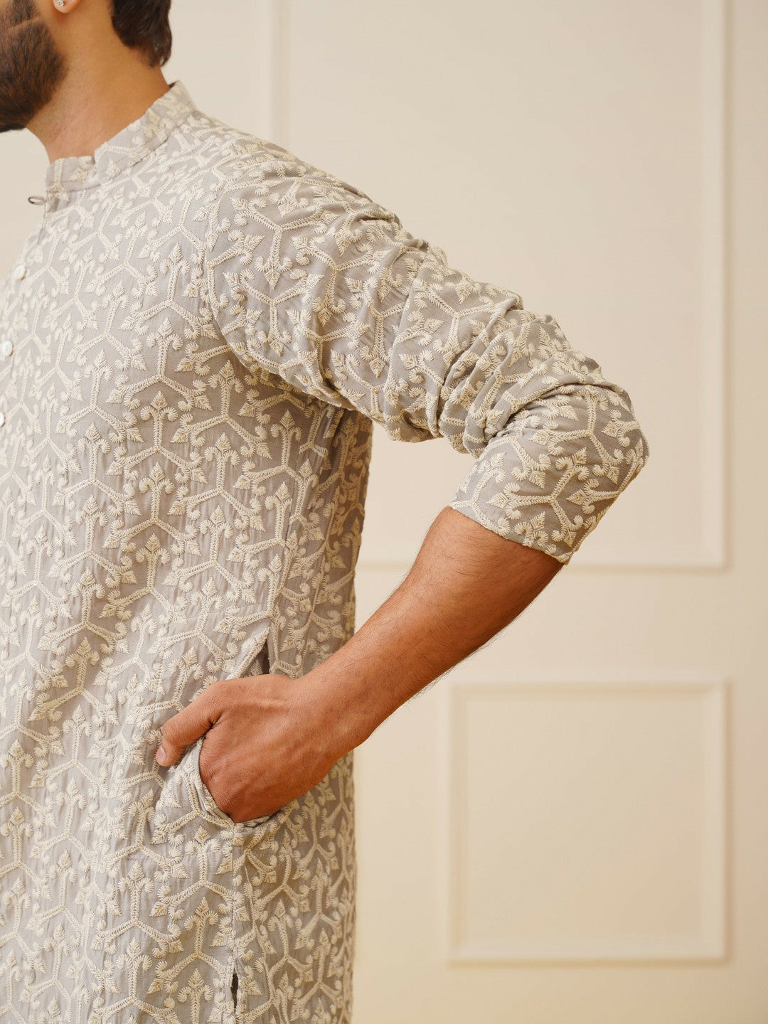 Men’s Ethnic Motifs Embroidered Chikankari Kurta with Pyjamas – Traditional Cotton Set