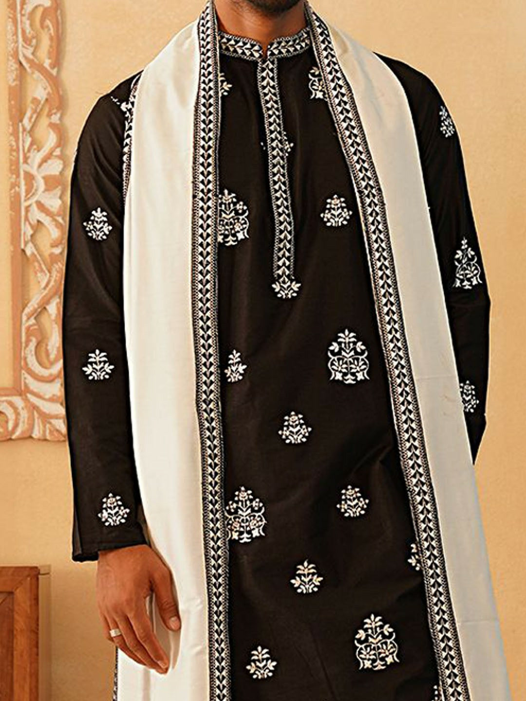 Men’s Floral Embroidered Sequinned Kurta with Pyjamas & Dupatta – Traditional Festive Set