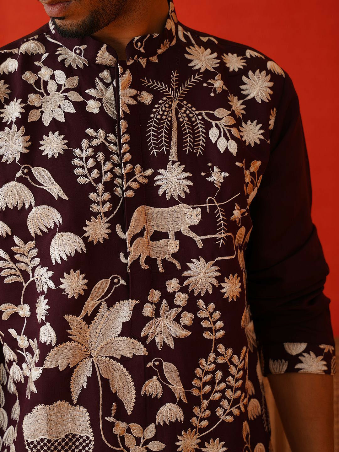 Men’s Burgundy Embroidered Nehru Jacket – Traditional Elegance