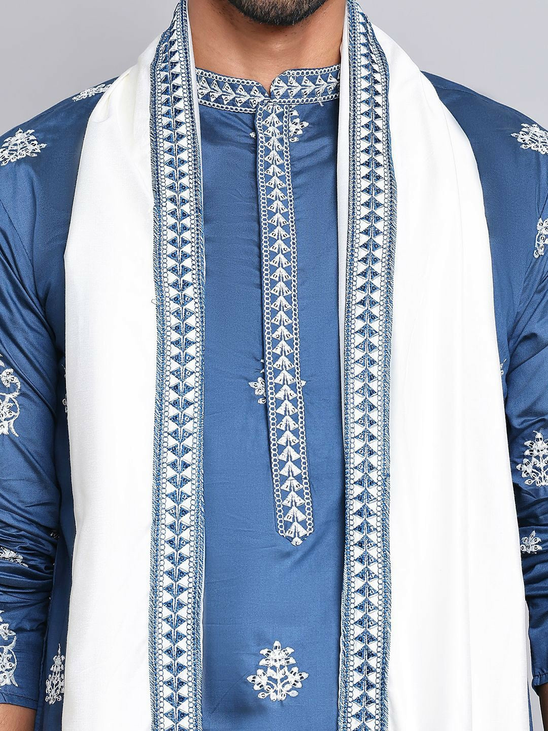 Floral Embroidered Silk Cotton Straight Kurta with Pyjamas & Dupatta – Elegant Festive Wear