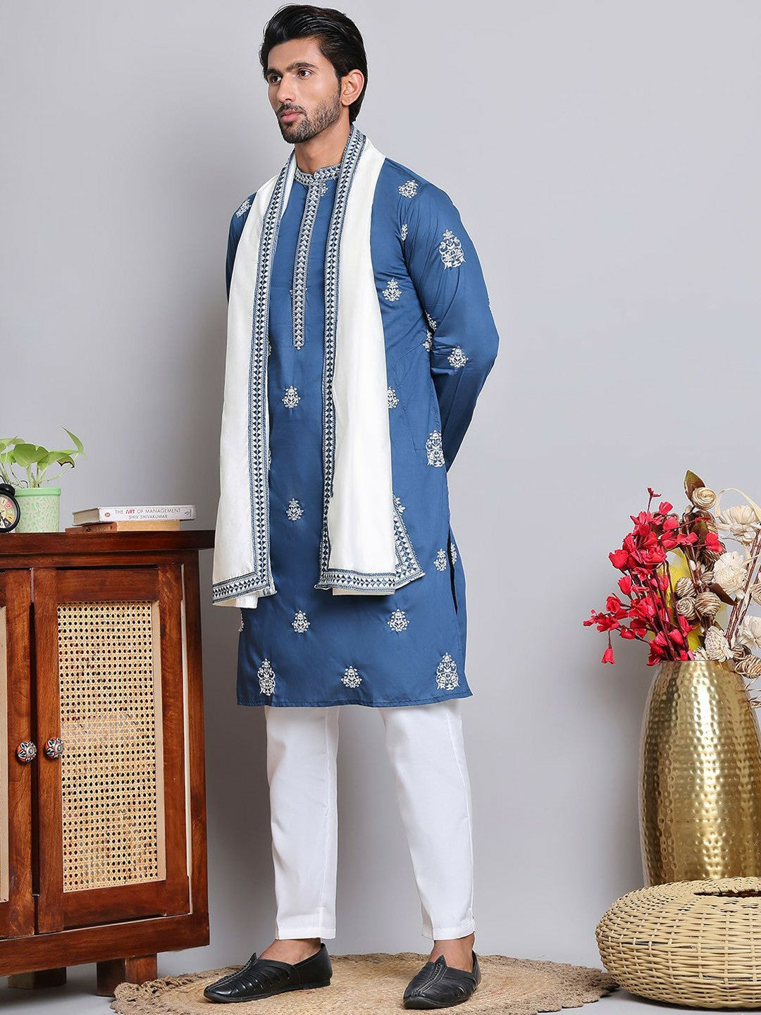 Floral Embroidered Silk Cotton Straight Kurta with Pyjamas & Dupatta – Elegant Festive Wear