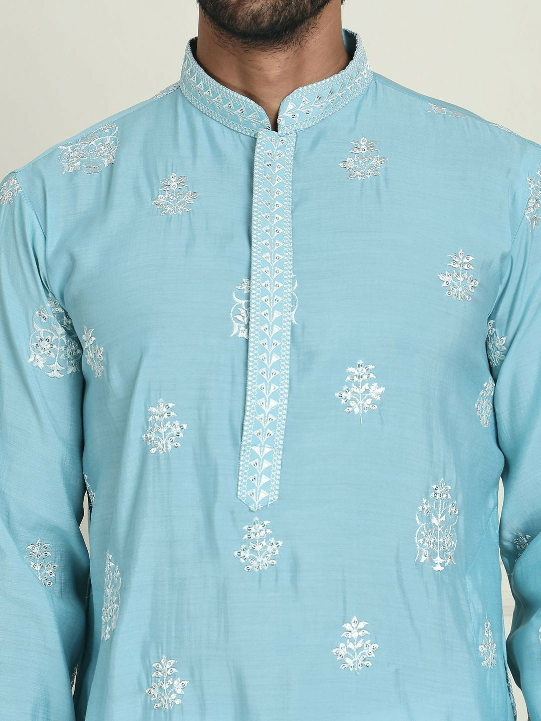 Men’s Floral Embroidered Mandarin Collar Straight Kurta with Pyjamas & Dupatta – Elegant Festive Ensemble